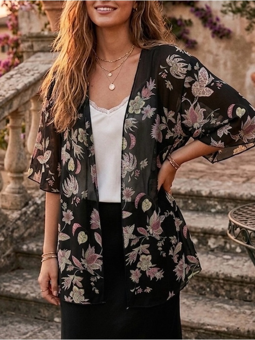 Dana Kay Floral Paisley Sheer Kimono Cardigan Black Pink Green Boho Chiffon Top